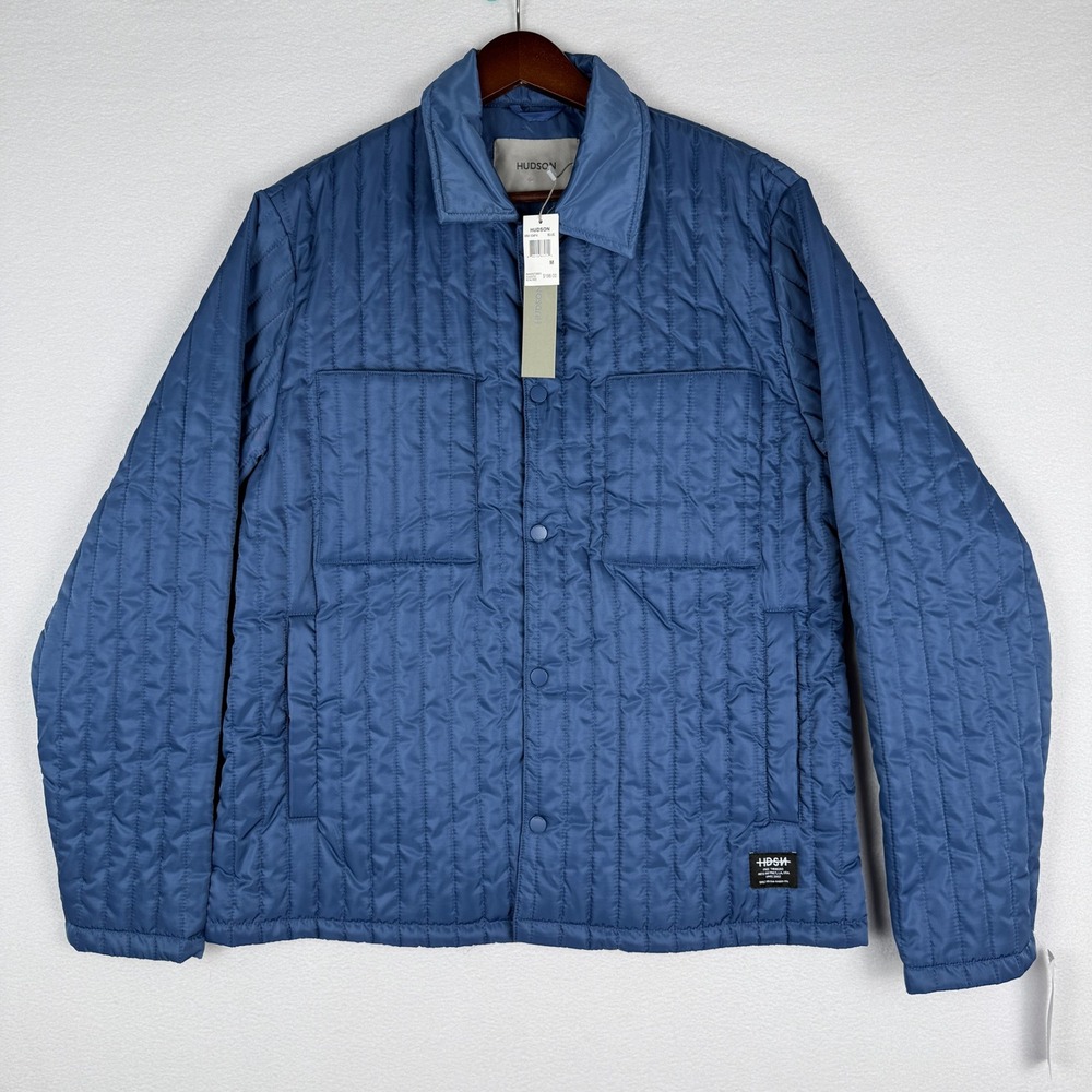 NEW Hudson Jeans Water Repellent Quilted Shirt Jacket Mens M Blue Snap Button